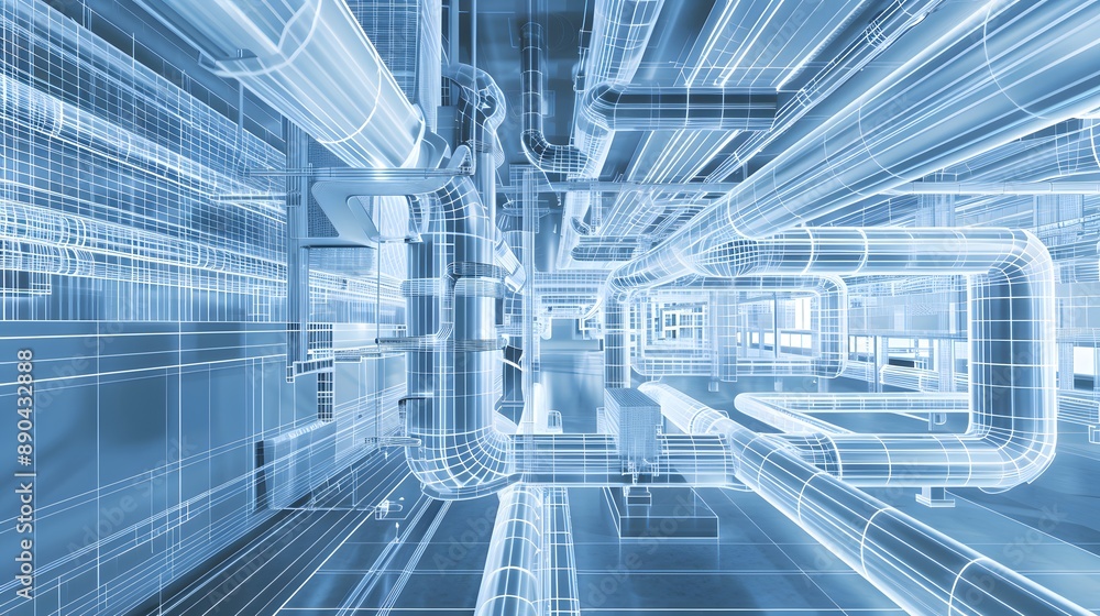Poster a blue and white image of a building with pipes and wires. the image is abstract and has a futuristi