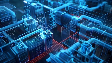 A blue and white image of a building with pipes and vents. The image is of a computer generated design of a building