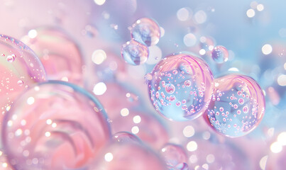 oil bubbles floating against a light background. The bubbles are semi-transparent with a reflective quality