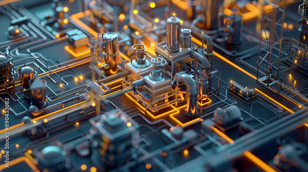 Poster a computer generated image of a city with a lot of pipes and wires. the image has a futuristic and i