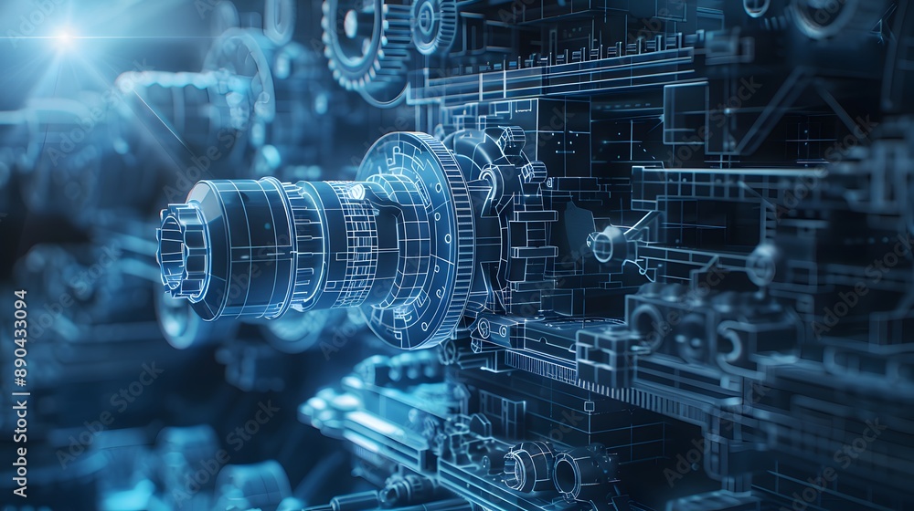 Poster a blue image of gears and other mechanical parts. the image is a representation of a machine or a pi