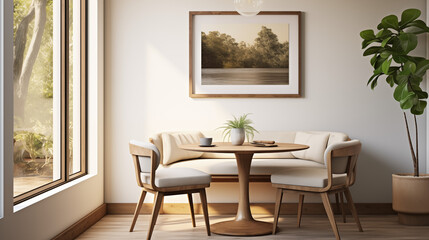 Fototapeta premium Cozy Dining Nook with Wooden Round Table and Soft Cushioned Seating