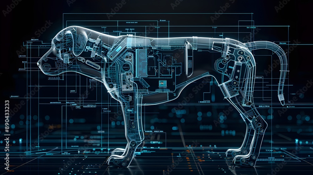 Poster a dog is shown in a computer generated image with a skeletonized body. the image is in black and whi