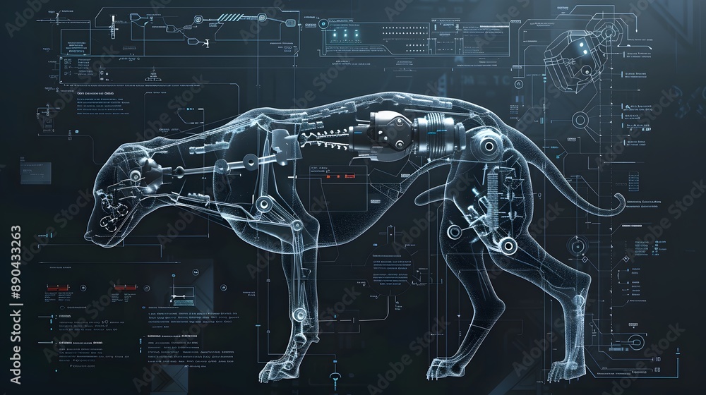 Poster a dog is shown in a computer generated image with a skeletonized body. the image is in black and whi