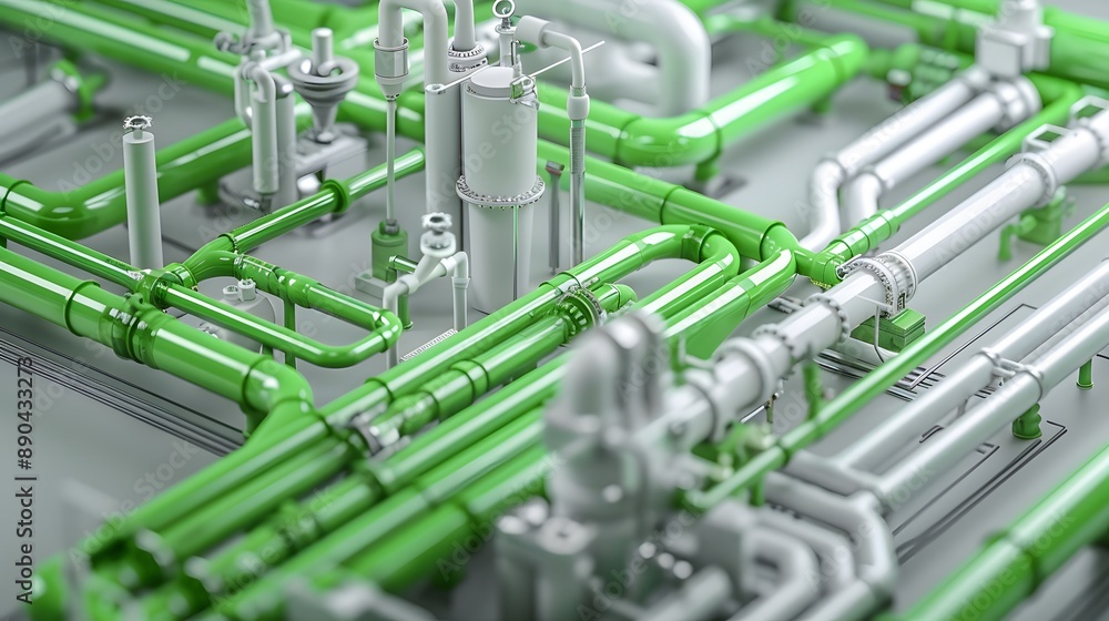 Poster a drawing of pipes with green hoses. the pipes are connected to each other and are in various sizes.
