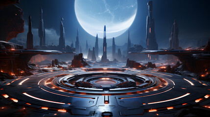 A futuristic cityscape bathed in the soft glow of a giant moon, with a large, circular platform dominating the center.