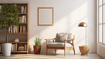 Modern Minimalist Living Room with Wooden Chair and Bookshelf with Green Plants
