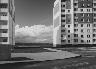 Colorful Apartment Buildings with Pedestrian Crossing
