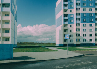 Colorful Apartment Buildings with Pedestrian Crossing