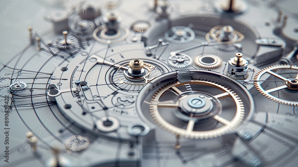 Poster clock blueprint with white dial and silver gears the clock is set to time.
