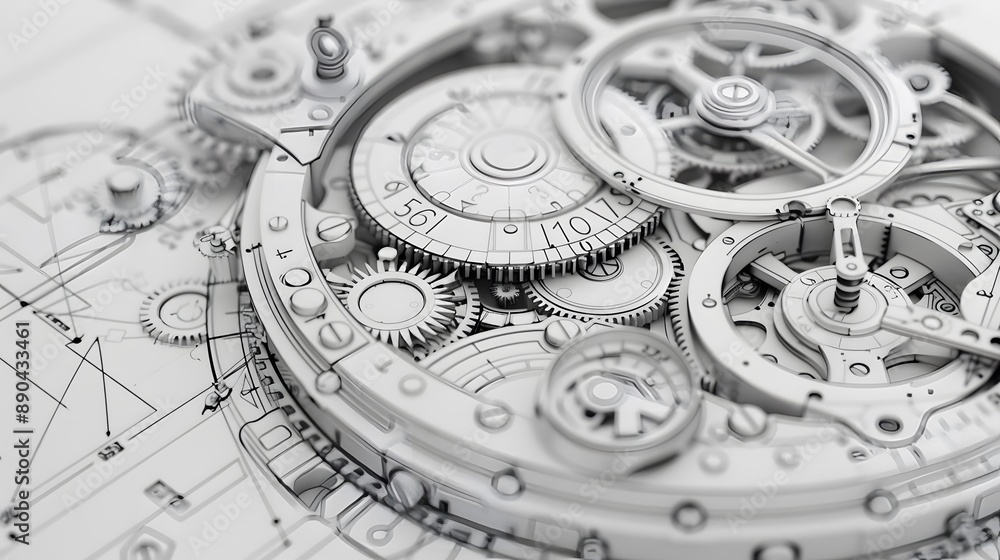 Poster clock blueprint with white dial and silver gears the clock is set to time.