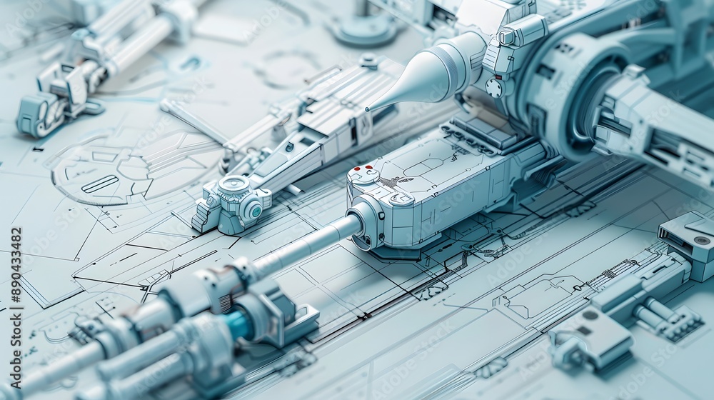 Poster a futuristic space ship with a large engine is shown in a white background. the ship is surrounded b