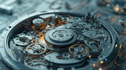 Clock blueprint with white dial and silver gears The clock is set to time.