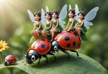  A group of friendly fairies riding on the back of a ladybug. 