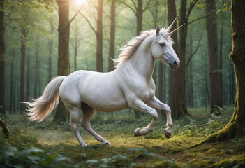  A majestic unicorn galloping through a magical forest. 