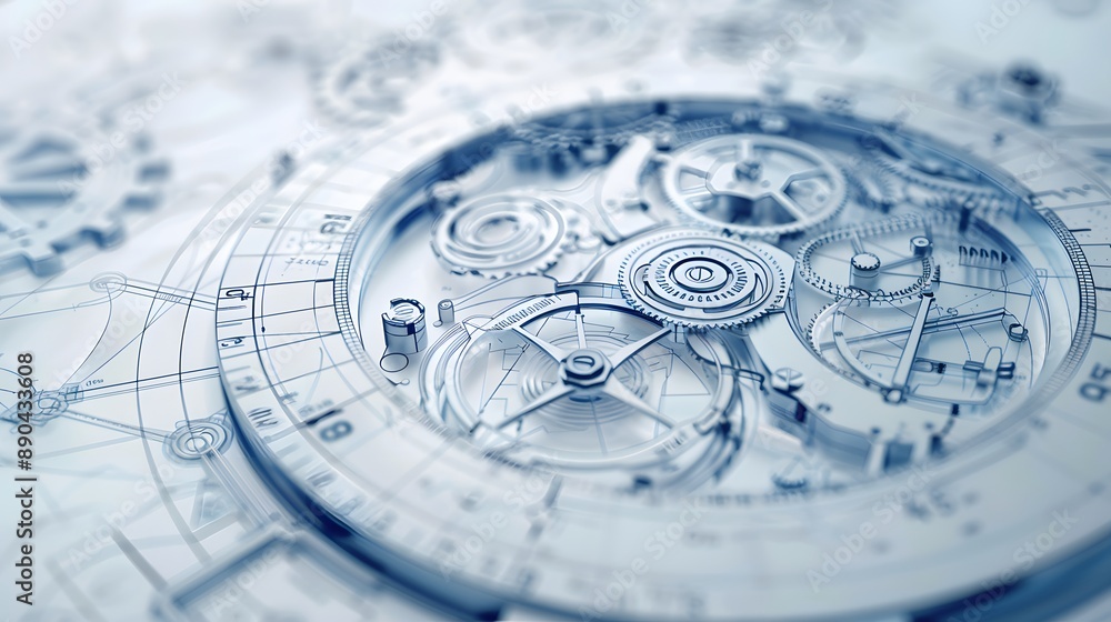 Poster clock blueprint with white dial and silver gears the clock is set to time.