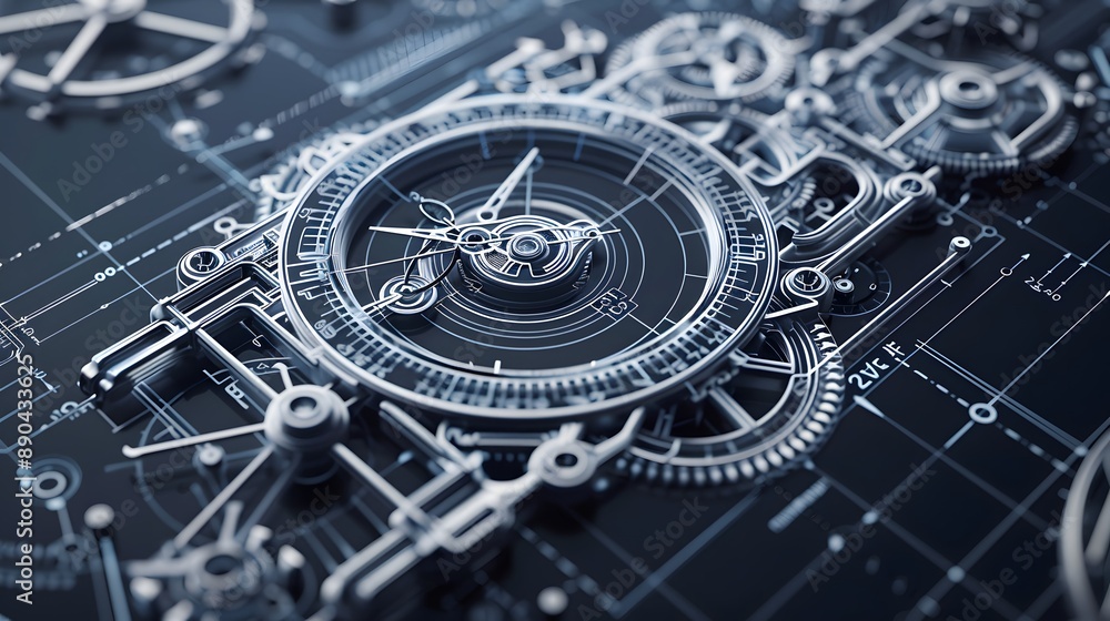 Poster clock blueprint with white dial and silver gears the clock is set to time.