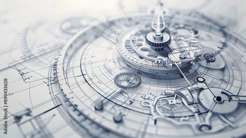 Poster clock blueprint with white dial and silver gears the clock is set to time.
