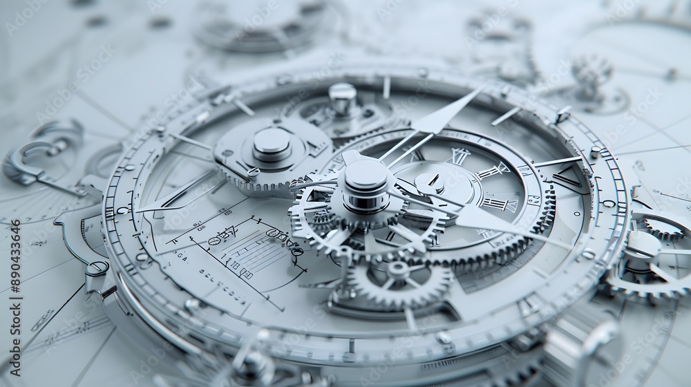 Poster clock blueprint with white dial and silver gears the clock is set to time.