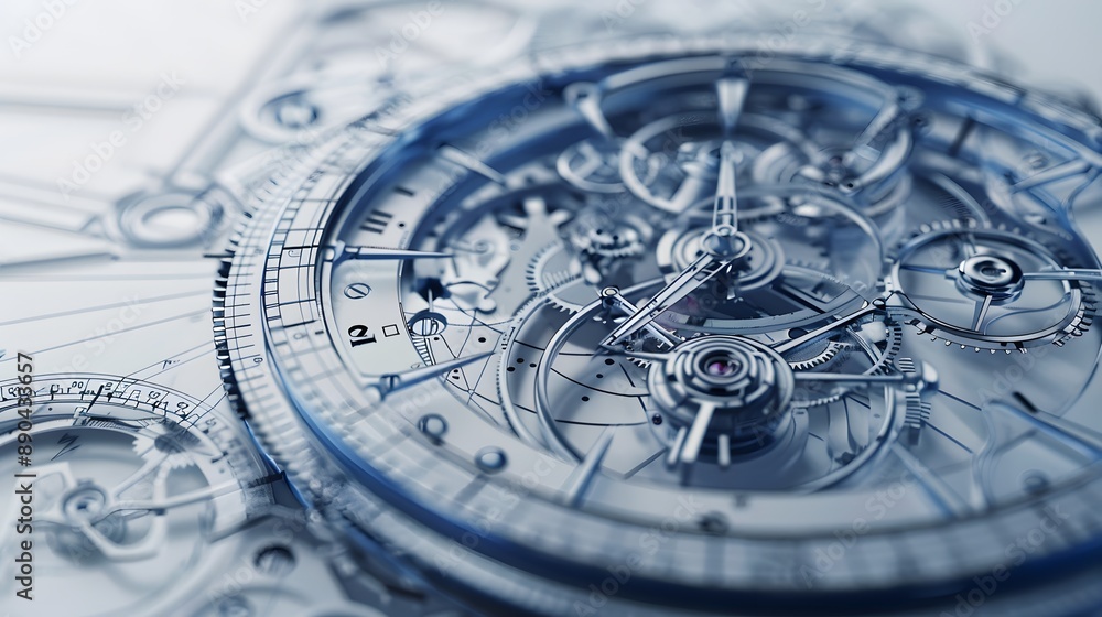 Poster clock blueprint with white dial and silver gears the clock is set to time.
