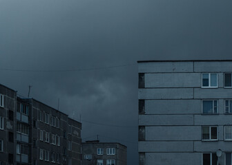 Soviet-Style Apartment Buildings under Gloomy Sky