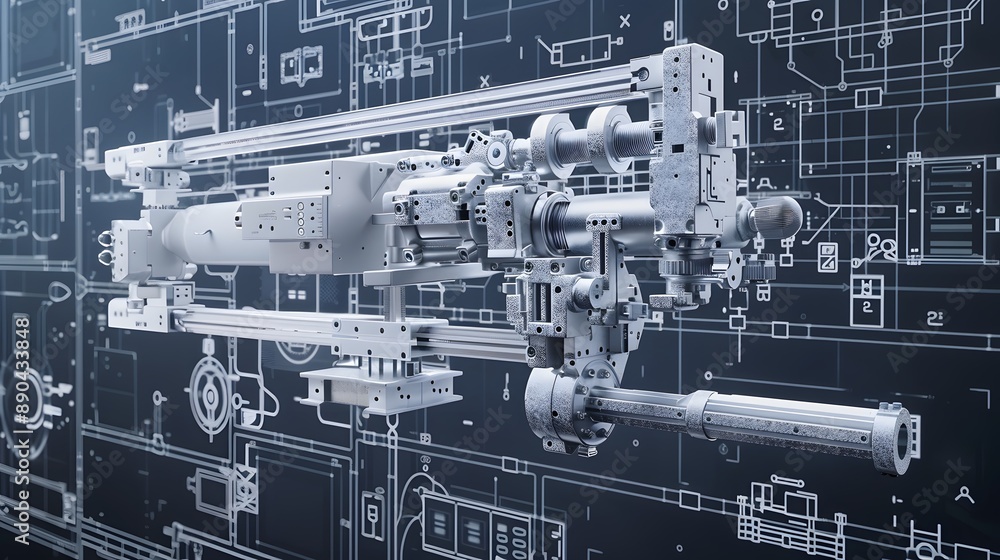 Poster a robot is shown in a blue and white background with a lot of machinery. the robot is the main focus