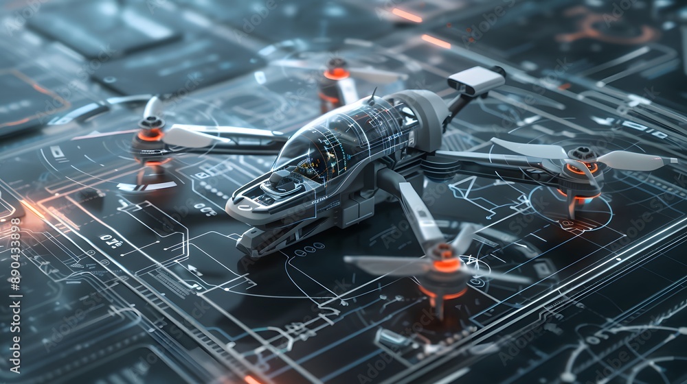 Poster a drone is flying over a blue background with a lot of lines and shapes. the drone is the main focus