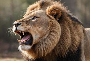 Obraz premium A majestic lion roaring in a display of dominance. 