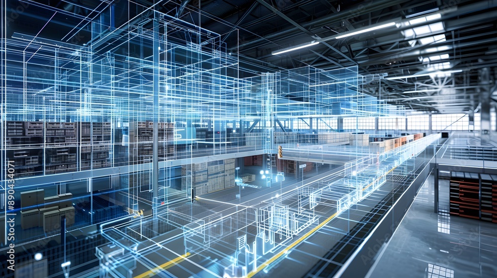 Poster a computer generated image of a factory with many pipes and a large building. the image is in blue a