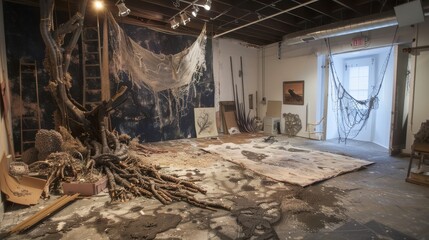 Mixed media art installation, innovative designs, realistic studio setting, high detail and vivid colors