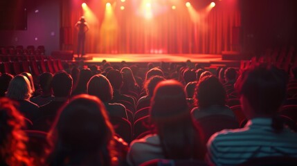 Theatre audience with focused view, dim ambiance, realistic studio lighting, highresolution background