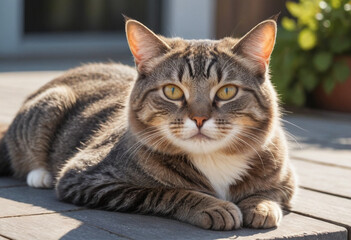  A photo of a cat basking in the sun with a contented expression. 
