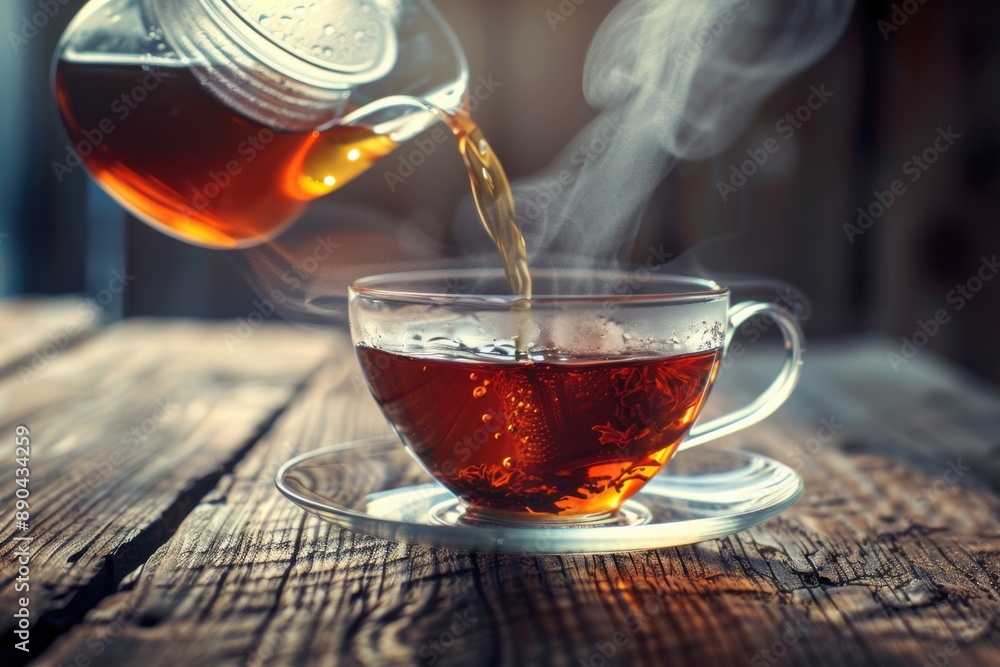 Wall mural black tea pouring into glass cup on wooden table. aromatic antioxidant beverage for asian breakfast 