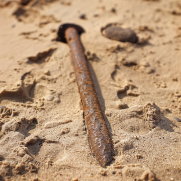 Ancient metal tent peg laying on the sand