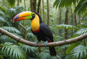 Naklejka premium A colorful toucan perched on a branch in a lush rainforest canopy. 
