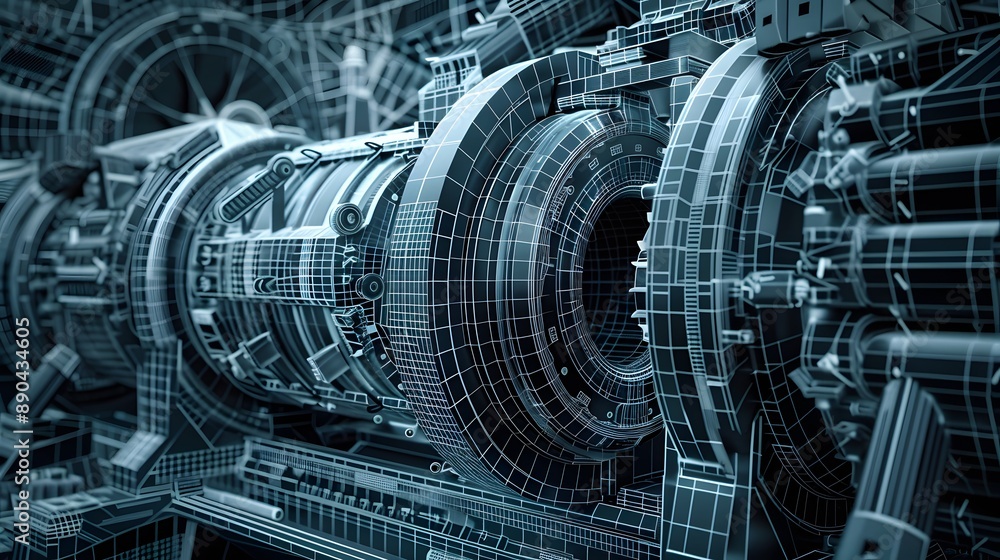 Poster a machine with many gears and bolts is shown in a white background. concept of complexity and precis
