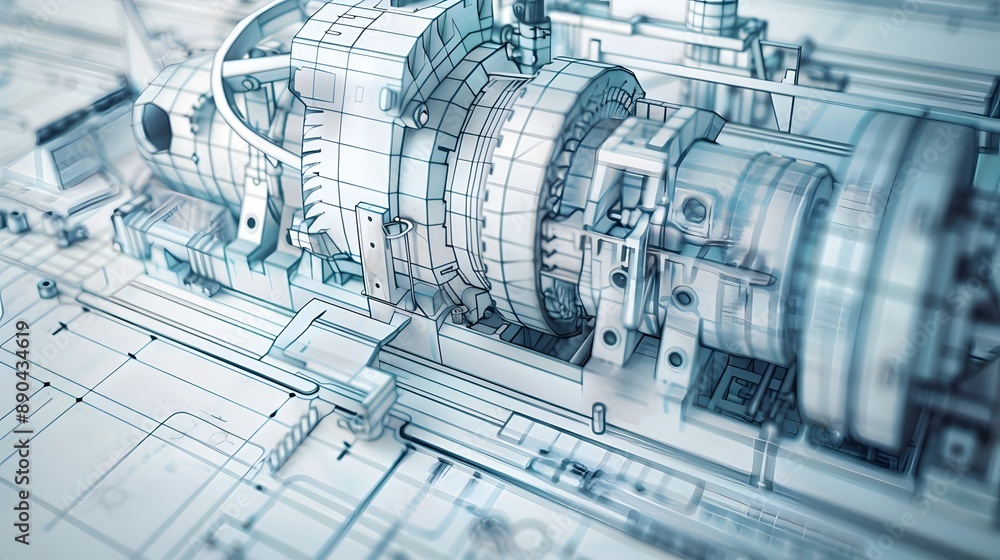 Poster a machine with many gears and bolts is shown in a white background. concept of complexity and precis