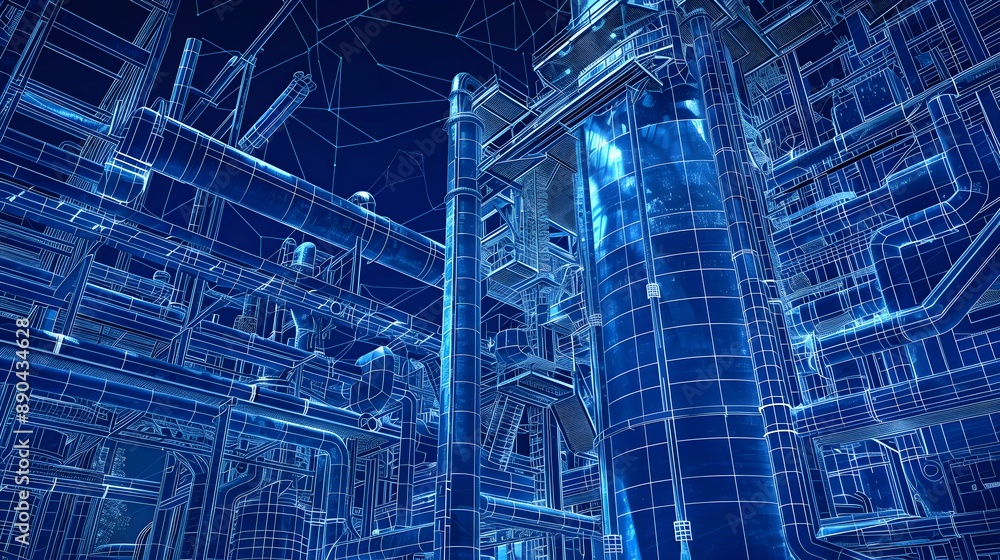 Poster a computer generated image of a factory with many pipes and a large building. the image is in blue a