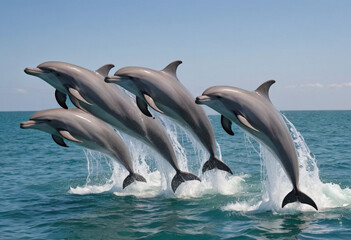 Fototapeta premium A pod of dolphins leaping out of the water in a playful display. 