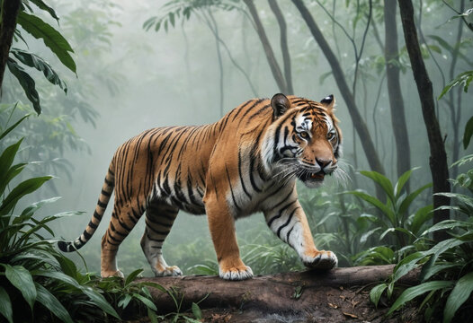  A photo of a majestic tiger stalking its prey through a misty jungle. 