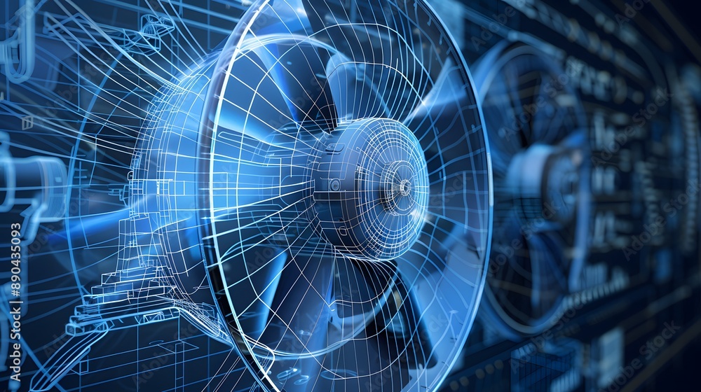 Poster a blue and white image of a machine with a large fan. the image is abstract and has a futuristic fee