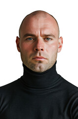 Bald man in black turtleneck isolated on transparent white