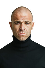 Obraz premium Bald man looking serious in black turtleneck sweater isolated on transparent white