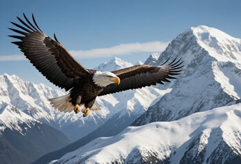  A photorealistic image of a majestic bald eagle soaring above snow-capped mountains. 