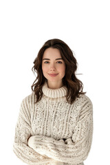 Woman with thoughtful smile wearing cozy knit sweater isolated on transparent white