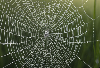  A photorealistic image of a spider web with dewdrops glistening on its intricate threads. 