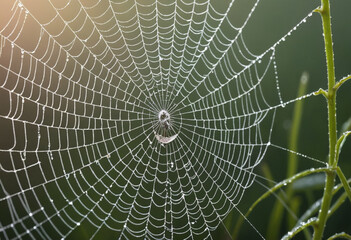 Obraz premium A photorealistic image of a spider web with dewdrops glistening on its intricate threads. 