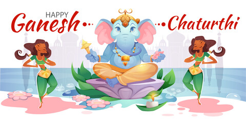 Happy Ganesh Chaturthi. Greeting card for celebrating traditional Indian holiday. Hindu festival of God Ganesha worship. Poster with elephant deity. Design for postcard. Cartoon vector illustration