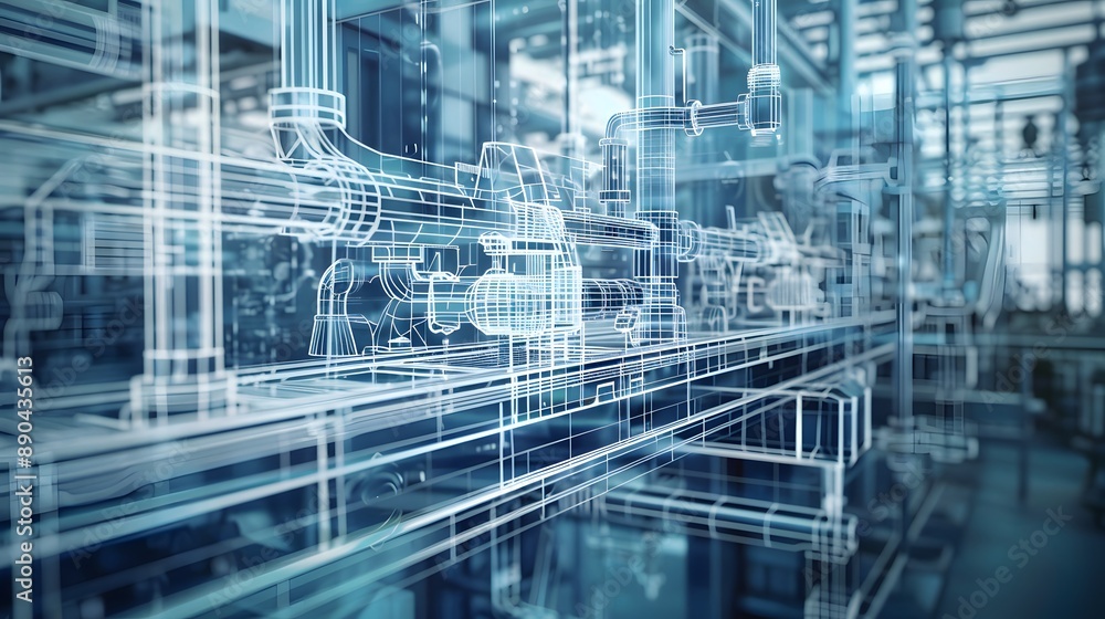Poster a computer generated image of a factory with pipes and valves. the image is very detailed and realis