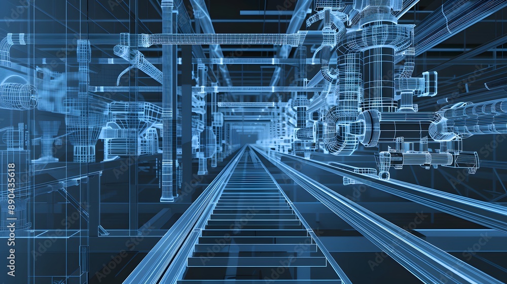 Poster a computer generated image of a factory with pipes and valves. the image is very detailed and realis